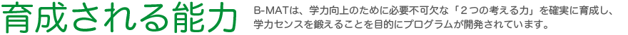 育成される能力 - Ｂ－ＭＡＴは、学力向上のために必要不可欠な「２つの考える力」を確実に育成し、学力センスを鍛えることを目的にプログラムが開発されています。